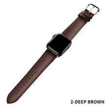 Charger l&#39;image dans la galerie, Brown leather band for Apple Watch, shown in deep brown, compatible with Series 1 to 5, available in 38mm to 44mm.
