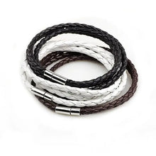 Load image into Gallery viewer, Elegant braided PU leather bracelets in black, white, and brown, featuring silver clasps. Perfect vegan accessory for modern fashion.
