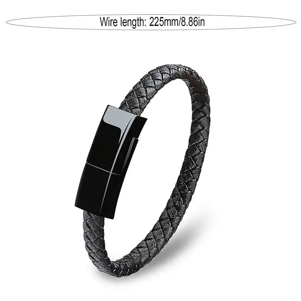 USB leather charging braided bracelet in black with sleek design, combining style and modern technology.