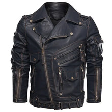 Load image into Gallery viewer, Men&#39;s vegan leather jacket with classic style, premium quality material, and sleek design, featuring multiple pockets and zipper details.
