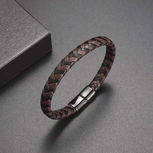 Cargar imagen en el visor de la galería, Classic hand woven multi-layered vegan leather bracelet in sleek black with a metallic clasp, perfect for men&#39;s style and sophistication.
