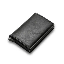 Load image into Gallery viewer, RFID Black Magic Trifold Leather Slim Mini Wallet in vegan leather, perfect for organizing essentials with sleek, secure design.
