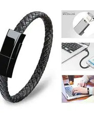 Cargar imagen en el visor de la galería, USB leather charging braided bracelet showcasing sleek design and functionality for convenient device charging on the go.
