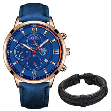 Load image into Gallery viewer, Men&#39;s Casual Leather Watch with blue dial and strap, featuring durable design and black leather bracelet accessory.

