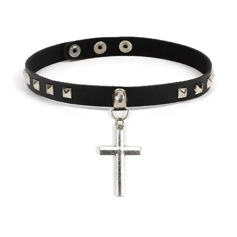 Alt Tag: Harajuku oversized choker with silver cross pendant, punk-inspired unisex PU leather design for bold fashion statement.