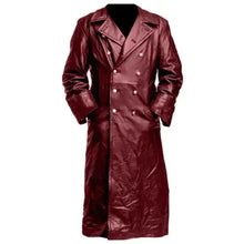 Load image into Gallery viewer, Men&#39;s maroon vegan leather trench coat with double-breasted button closure and lapel collar, perfect for winter fashion.
