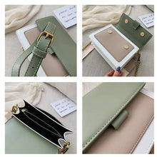 Load image into Gallery viewer, Close-up views of a designer leather crossbody shopping bag showcasing its green straps, interior pockets, and elegant stitching.
