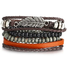 Load image into Gallery viewer, Multilayer leather bracelet with beads and feather detail, perfect for stylish and rugged elegance.
