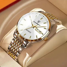 Load image into Gallery viewer, Men&#39;s stainless steel quartz watch with sleek design, gold accents, and date display, enhancing modern style and sophistication.
