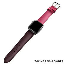 Charger l&#39;image dans la galerie, Wine red and powder pink leather band for Apple Watch, elegant design compatible with multiple series, featuring a sleek metal buckle.
