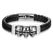 Cargar imagen en el visor de la galería, Black hand woven leather bracelet with silver alloy skull accents, men&#39;s fashion accessory
