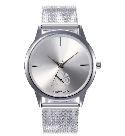 Sleek silver fashion watch with a minimalist design and metal mesh band, perfect for stylish occasions.