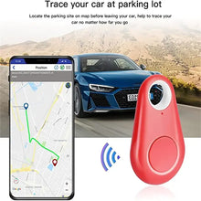 Load image into Gallery viewer, Red smart GPS tracker device shown with smartphone app and car for locating vehicles and items with Bluetooth connectivity.

