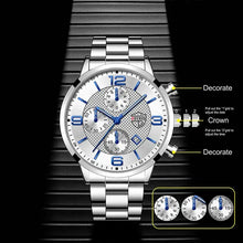 Load image into Gallery viewer, Luxury men&#39;s business watch with silver band and blue accents, featuring precise chronograph dials and elegant design details.
