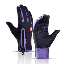 Load image into Gallery viewer, Purple winter cycling gloves with grip pattern and zip closure, perfect for outdoor sports and cold-weather activities.
