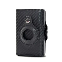 Load image into Gallery viewer, Airtag Wallet Money Bag in black leather with circular holder, designed for style, functionality, and security.
