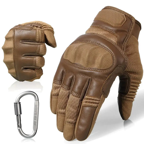Touchscreen leather motorcycle gloves with premium brown leather, snug fit, and touchscreen compatibility, plus carabiner clip.