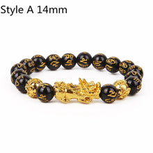 Load image into Gallery viewer, Feng Shui bracelet with black beads and gold Pixiu charm for wealth and luck, Style A 14mm size, unisex design for prosperity.
