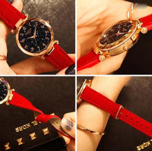 Charger l&#39;image dans la galerie, Premium Leather Star Sky Watch with red vegan leather band and starry night design on dial
