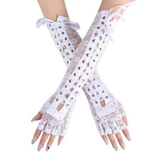 Charger l&#39;image dans la galerie, Elbow-length white lace half-finger gloves with laces and button details, perfect for adding elegance and glamour to any outfit.
