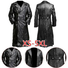 Load image into Gallery viewer, Black vegan leather trench coat for winter with button closure, lapel collar, and sizes XS-5XL.
