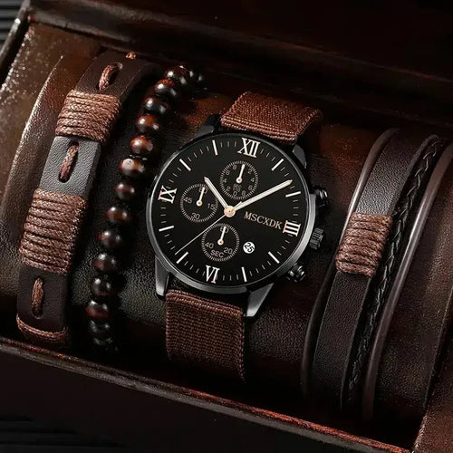 Men's Business Watch Set with leather and beaded straps, showcasing timeless sophistication for professional attire.
