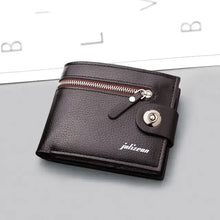 Charger l&#39;image dans la galerie, Men&#39;s Retro Woven Pattern Leather Wallet with zipper pocket on a gray surface.
