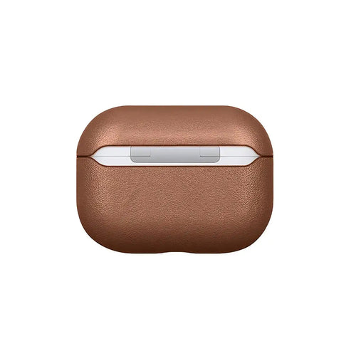Brown genuine leather AirPods case providing stylish and durable protection for wireless earbuds.