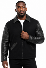 Charger l'image dans la galerie, Leather sleeves and wool body zipped up jacket
