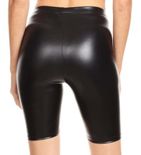Charger l&#39;image dans la galerie, Shiny metallic black bike shorts, stretchy unisex design, back view, made in USA.
