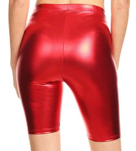 Charger l&#39;image dans la galerie, Red shiny metallic bike shorts, stretchy unisex, back view, made in USA
