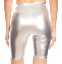 Charger l&#39;image dans la galerie, Close-up of unisex shiny metallic bike shorts showcasing stretchy material and high waistband, made in USA, in silver color.
