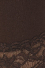 Load image into Gallery viewer, Close-up of brown lace trim on cotton blend capri leggings made in USA
