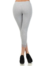 Load image into Gallery viewer, Gray cotton blend capri leggings with lace trim, ideal for yoga or casual wear, paired with black high heels. Made in USA.
