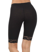Charger l&#39;image dans la galerie, Back view of black cotton blend lace trim bike shorts with stretch fit, showing lace detail, designed and made in USA.
