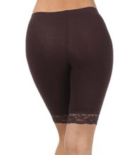 Charger l&#39;image dans la galerie, Back view of brown cotton blend lace trim stretch bike shorts, showcasing lace detail and comfortable fit, made in USA.
