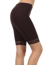 Charger l&#39;image dans la galerie, Side view of cotton blend lace trim stretch bike shorts in black, showing lace detail on hem - Made in USA
