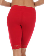 Charger l&#39;image dans la galerie, Back view of red cotton blend lace trim stretch bike shorts, showing the lace detail and comfortable fit, made in the USA.
