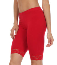 Charger l&#39;image dans la galerie, Red lace trim stretch bike shorts for women, cotton blend, made in USA, close-up on model.
