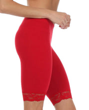 Charger l&#39;image dans la galerie, Red cotton blend lace trim stretch bike shorts, side view. Perfect for cycling or casual wear, made in USA, features comfort and style.
