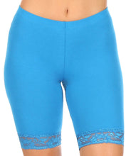 Charger l&#39;image dans la galerie, Blue cotton blend lace trim stretch bike shorts, featuring a comfortable fit, made in USA, displayed on model.
