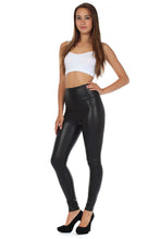 Load image into Gallery viewer, Woman wearing black matte liquid high waist stretch leggings with a white crop top, made in USA, showcasing front and side view.
