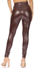 Load image into Gallery viewer, Woman wearing brown matte liquid high waist stretch leggings, Made in USA, showcasing sleek design and fit, rear view.
