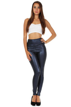 Load image into Gallery viewer, Model wearing matte liquid high waist stretch leggings in dark color, highlighting sleek and stylish design, made in USA.
