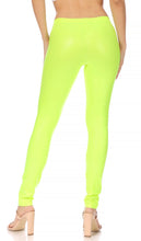 Load image into Gallery viewer, Woman wearing neon green matte liquid high waist stretch leggings, rear view. Made in USA.
