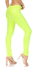 Load image into Gallery viewer, Neon yellow high-waist stretch leggings with a matte finish, made in USA, showcasing a slim fit and stylish design.
