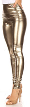 Load image into Gallery viewer, Shiny metallic gold high waist leggings with a stretch fit, styled with beige high heels, emphasizing sleek and stylish fashion.

