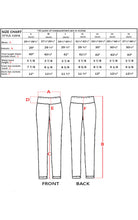 Charger l&#39;image dans la galerie, Size chart showing measurements for shiny liquid metallic high waist stretch leggings, available in sizes S to XL, made in USA.
