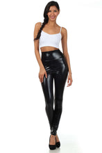 Charger l&#39;image dans la galerie, Shiny Liquid Metallic High Waist Stretch Leggings modeled with a white crop top. Made in USA. Available in sizes S, M, L, XL. Sakkas brand.
