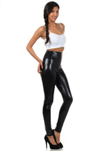 Charger l&#39;image dans la galerie, Model wearing shiny liquid metallic high-waist stretch leggings, showcasing a bold color design, made in USA. Available in sizes S, M, L, XL.
